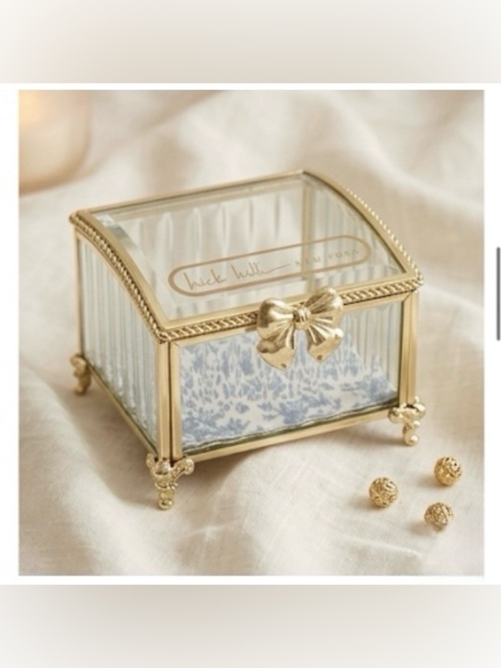 Glass Jewelry Box with Gold Bow Accent brand New Home Decor